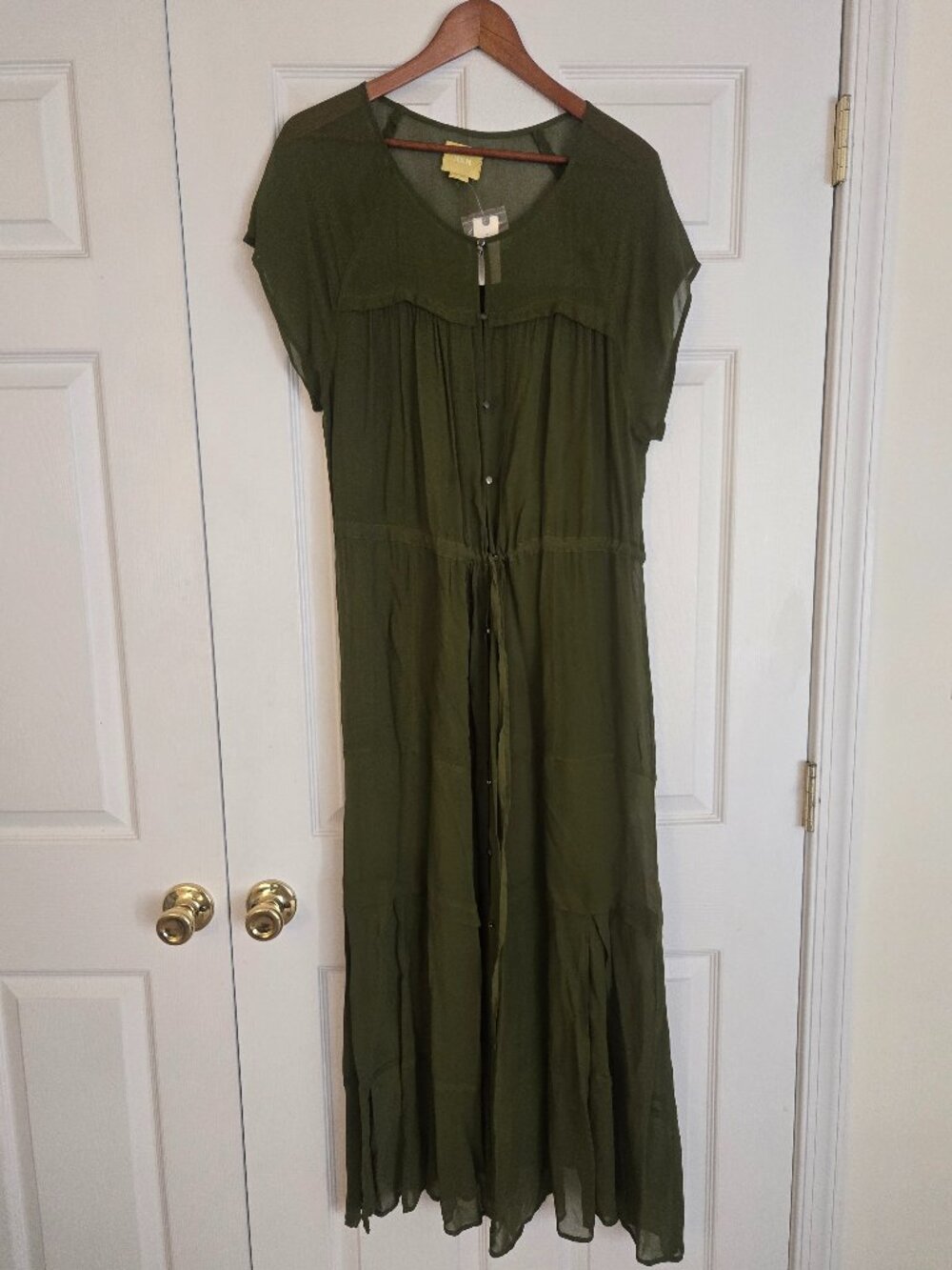 Anthropologie Maeve Olive Green Tiered Sheer Midi Dress